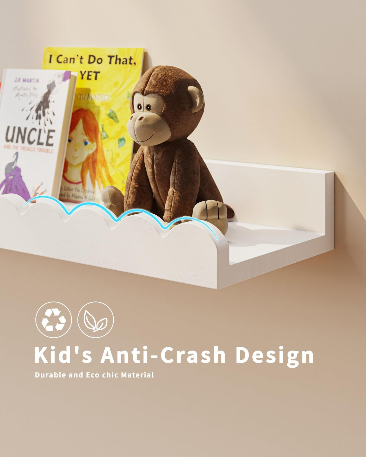 Nursery Book Shelves, 4-Pack White Floating Shelves for Wall Kids, Scalloped Shelves, Wall Book Shelves for Bedroom Kids, Toddler Room, Baby Room, Nursery Decor Shario