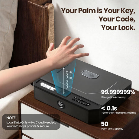 XEGIS SAFE AI Smart Palm Vein Gun Safe - Contactless 0.1s Access & 100% Unlock for Wet, Dirty, Calloused, Peeling Hands & in Darkness, Biometric Handgun Pistol Box for Nightstand, Home & Car, Grey XEGIS SAFE