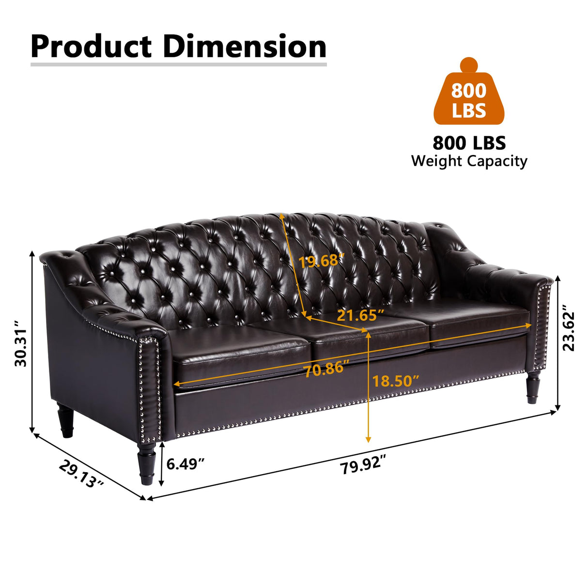 LEVNARY Mid-Century Modern Leather Couch, 80" Large Upholstered Sofa with High Back, Chesterfield Sofa Sleeper Settee with Solid Wood Legs, Tufted 3 Seater Wide Couches for Living Room Office (Brown) LEVNARY