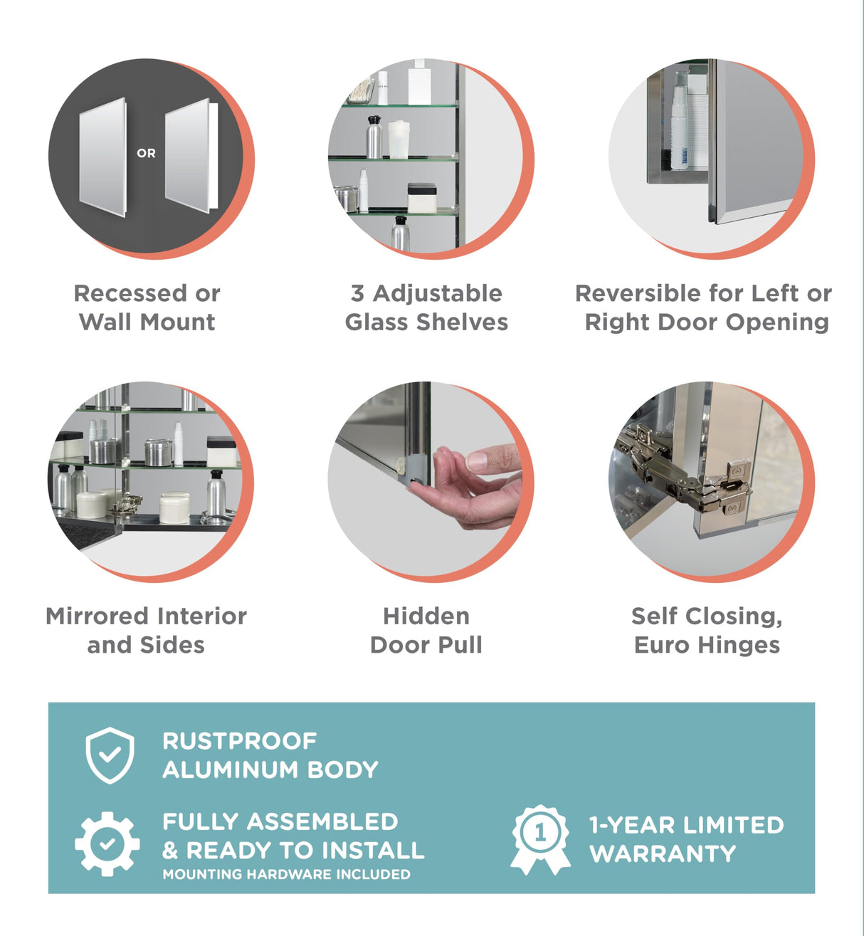 Zenna Home Bathroom Medicine Cabinet with Mirror, Frameless Bathroom Wall Cabinet with Rustproof Aluminum Body, 3 Adjustable Glass Shelves, Recessed or Surface Wall Mount Installation, 20 x 26 Inches Zenna Home