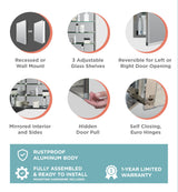 Zenna Home Bathroom Medicine Cabinet with Mirror, Frameless Bathroom Wall Cabinet with Rustproof Aluminum Body, 3 Adjustable Glass Shelves, Recessed or Surface Wall Mount Installation, 20 x 26 Inches Zenna Home