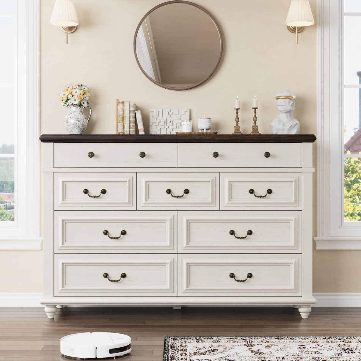 Jocoevol White 9 Drawer Dresser for Bedroom, 54" Wide Farmhouse Large Double Dressers & Chest of Drawers with Vintage Handle, Wooden Dresser TV Stand for Living Room, Hallway, White Jocoevol