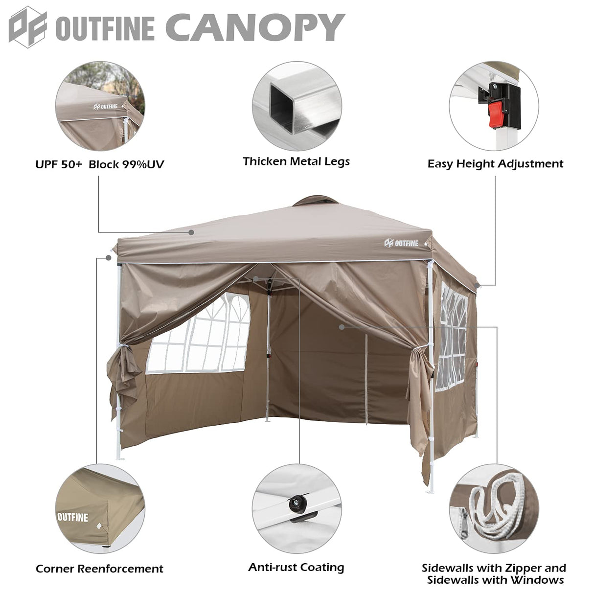 OUTFINE Patio Canopy 10'x10' Pop Up Commercial Instant Gazebo Tent, Outdoor Party Canopies with 4 Removable Sidewalls, Stakes x8, Ropes x4 (Khaki, 10 * 10FT) OUTFINE