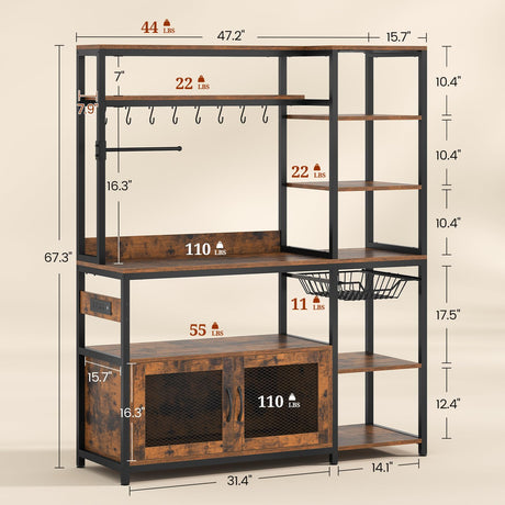 47.2 in Bakers Rack with Power Outlet & LED Light, Coffee Bar with Coffee Pod Holder for Vetuo, Kitchen Microwave Stand with Storage Shelves, Paper Holder, Cabinet, Wire Basket, 8 Hooks (Rustic Brown) UPOSOJA