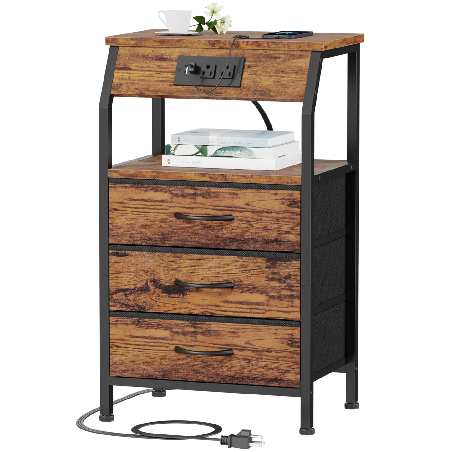 Furnulem Night Stand with Charging Station, Small Bedside Table with Wood Shelf, End Table with USB Ports & Outlets, 3 Fabric Drawers Side Table for Bedroom, Closet, 3 Ways to Use, Rustic Bro - WoodArtSupply