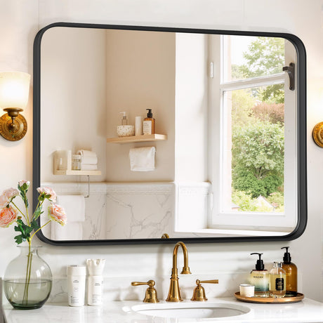 Bathroom Mirror 40x30 Inch Black Metal Frame Rectangle Vanity Mirror with Rounded Corners, Modern Wall Mounted Anti-Rust Mirror for Farmhouse, Restroom, Entryway, Horizontal or Vertical Hanging SageNest
