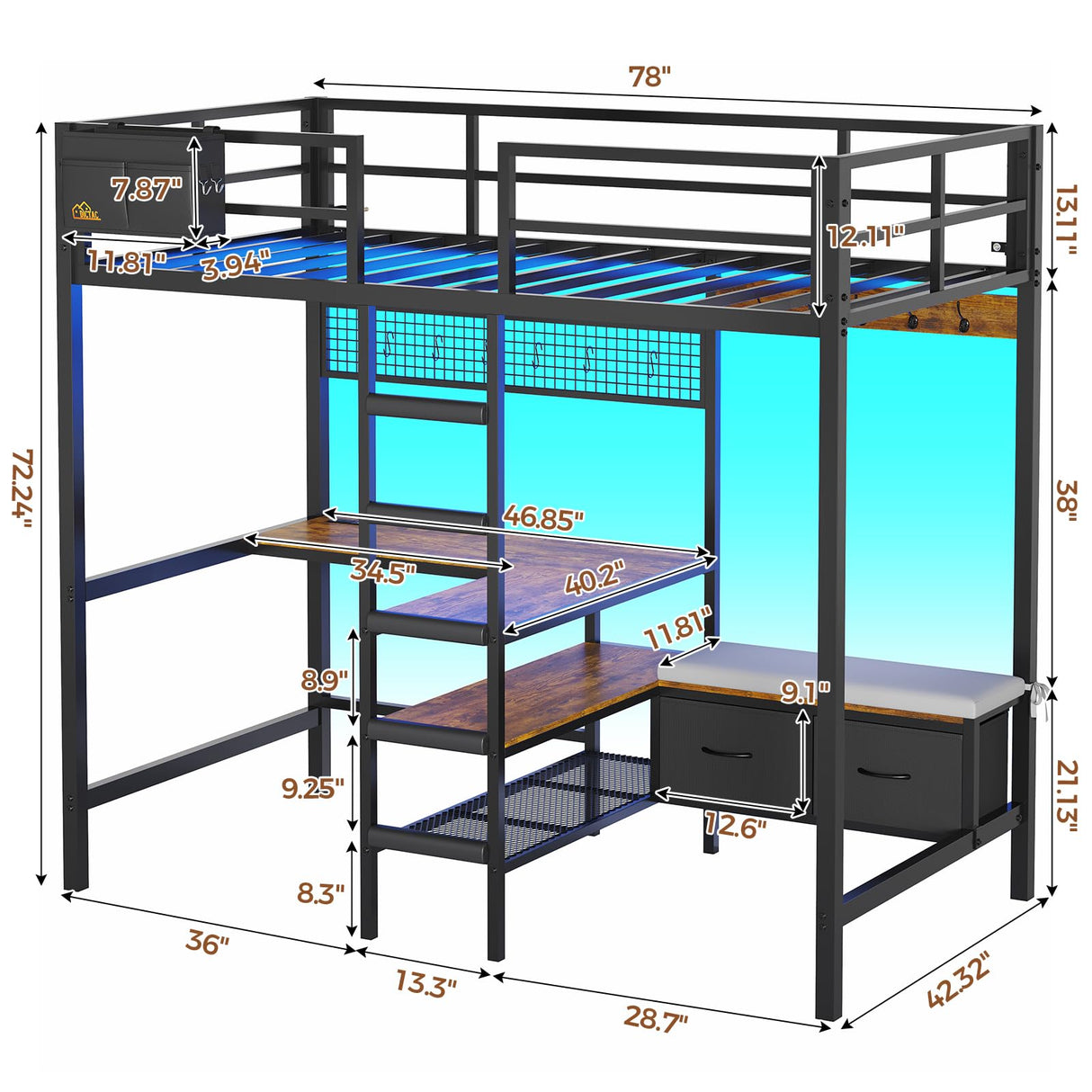 DICTAC Twin Loft Bed with L-Shaped Desk,Storage Shelves and Charging Station Metal Loft Bed Twin Size with LED Lights,Coat Rack with Drawers and Stair,Top Bunk with Safety Guardrail for Teen,Black DICTAC
