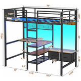 DICTAC Twin Loft Bed with L-Shaped Desk,Storage Shelves and Charging Station Metal Loft Bed Twin Size with LED Lights,Coat Rack with Drawers and Stair,Top Bunk with Safety Guardrail for Teen,Black DICTAC