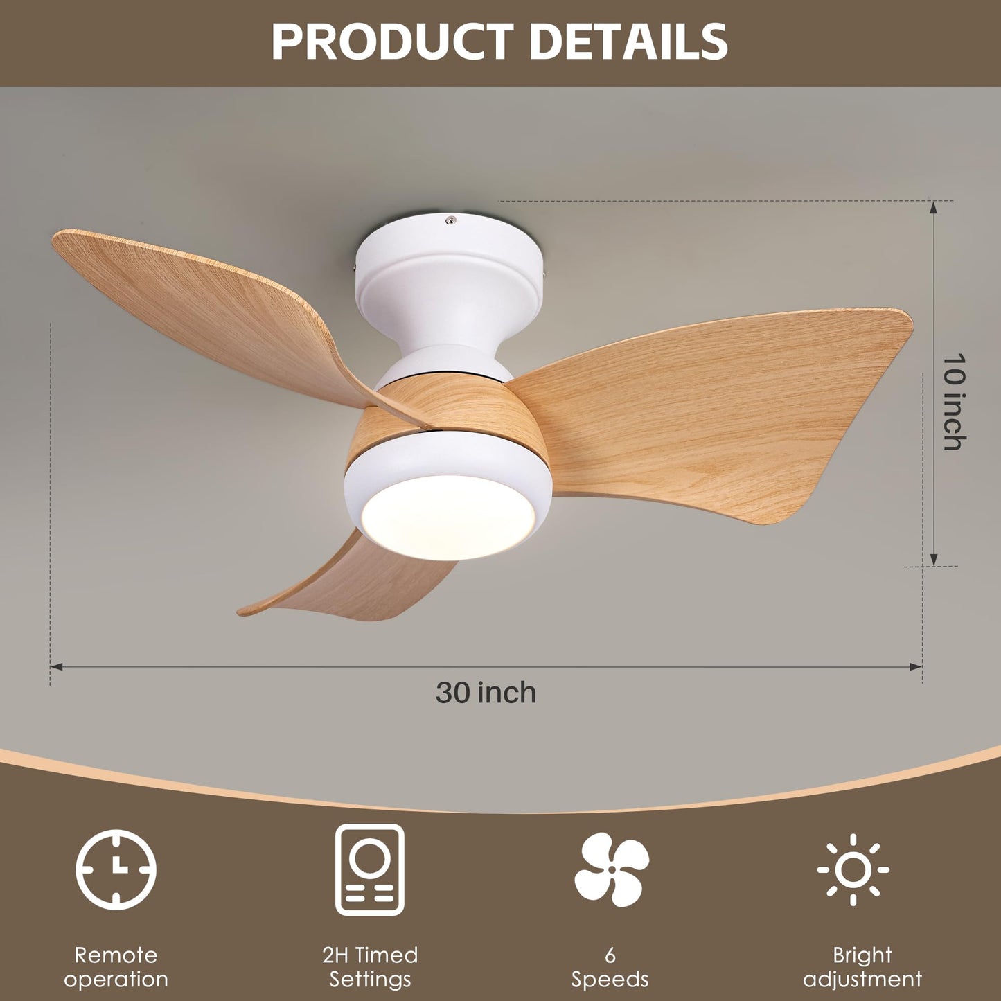 KINGTORO Ceiling Fans with Light and Remote, 30inch Wood Low Profile Ceiling Fan with Lights,Flush Mount, Dimmable Noiseless,Reversible Modern LED Ceiling Fan for Bedroom Kitchen Dining Room - WoodArtSupply