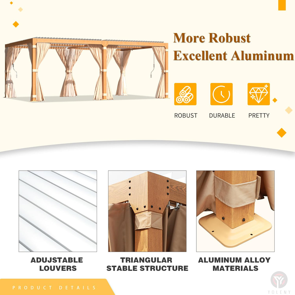 YOLENY 12 x 20 FT Louvered Pergola, Wood Grain Pergola with Adjustable Aluminum Waterproof Roof, Sun Shade Shelter with Netting and Curtains for YOLENY