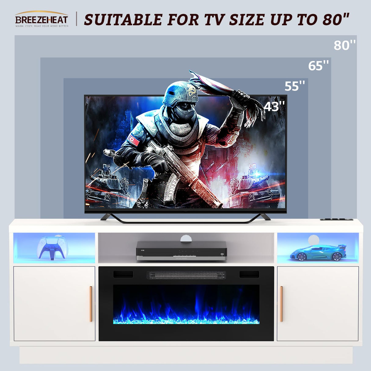 BREEZEHEAT Electric Fireplace TV Stand-Led Entertainment Center-70 inch TV Stand with 36" Electric Fireplace-Living Room Tv Cabinet with Storage for TVs Up to 80"，Modern Media Console (White) BREEZEHEAT