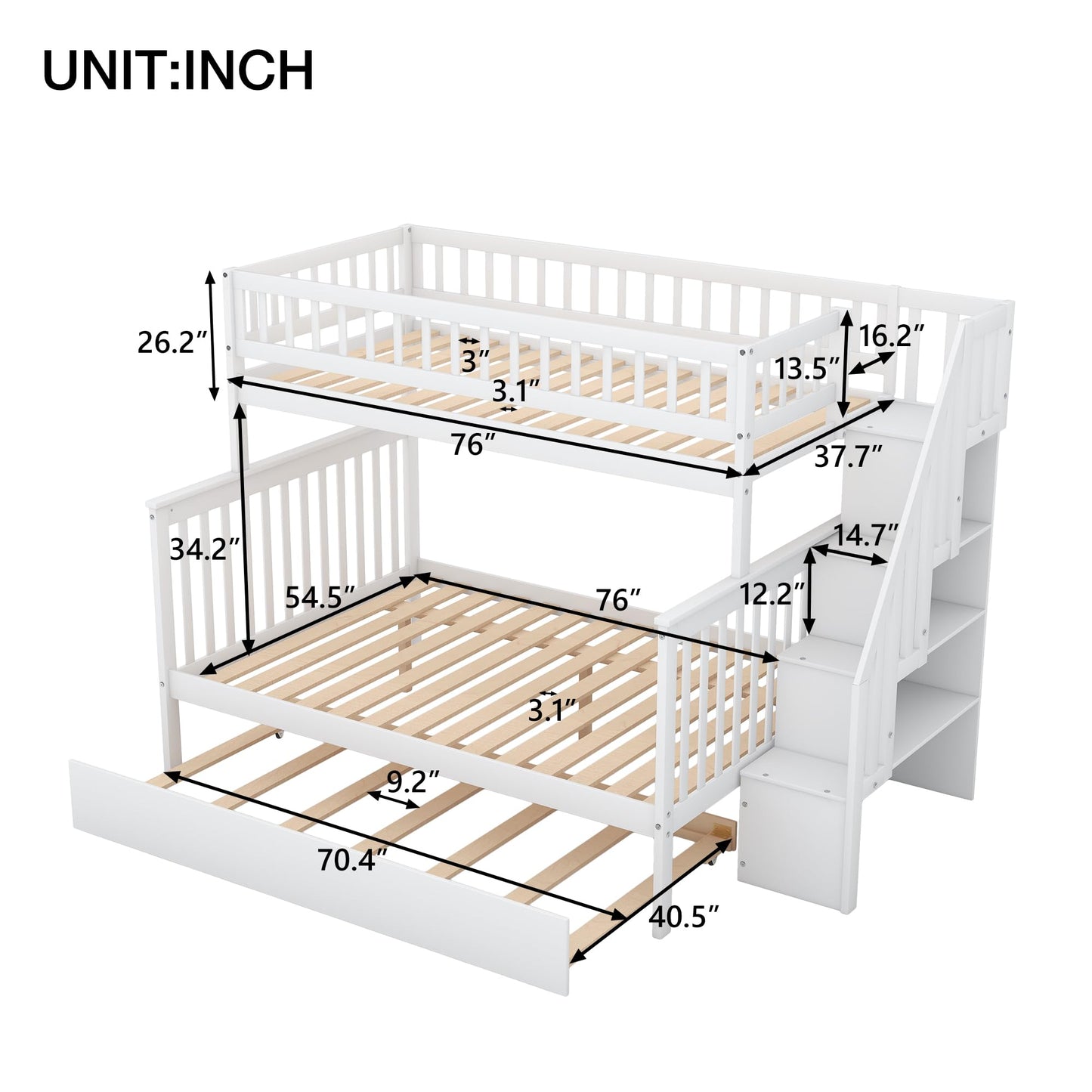 Harper & Bright Designs Twin Over Full Bunk Beds with Twin Size Trundle & Stairway, Solid Wood Bunk Bed Twin Over Full Size with Storage and Guard Rail for Bedroom, Dorm, Kids, Teens,Adults,White