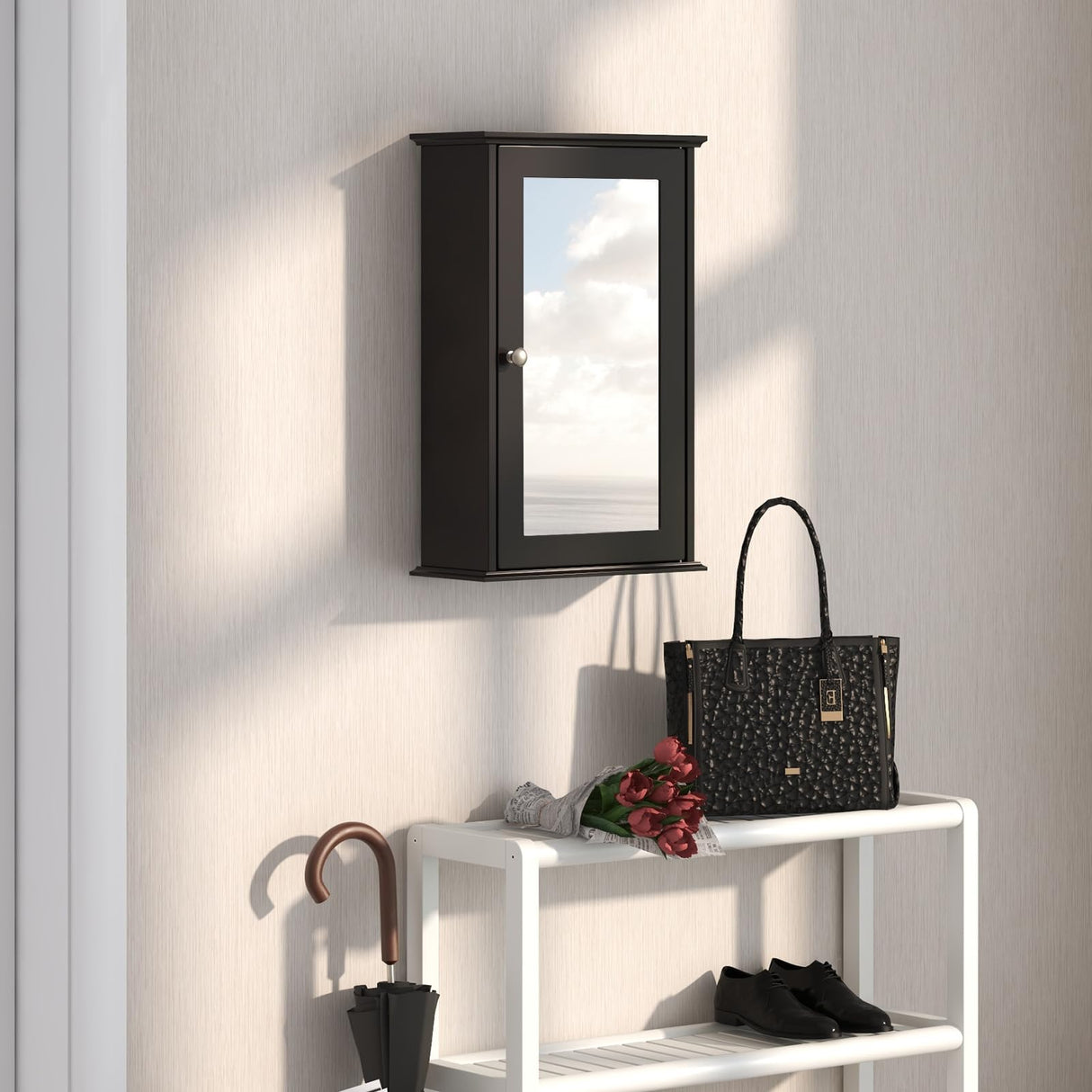 LOKO Bathroom Medicine Cabinet with Mirror, Wall Mounted Storage Cabinet with Single Mirrored Door and Adjustable Shelf for Bathroom, Living Room or Entryway, 13.5 x 6 x 21 inches (Brown) LOKO