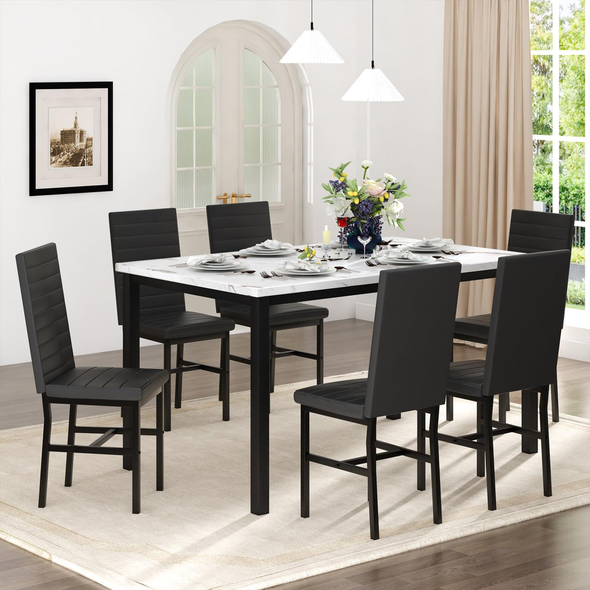 Recaceik Dinner Table Set for 6,Faux Marble Dining Room Table Set,7 Piece Dining Table Set for 6 with PU Leather for Kitchen and Dining (White & Black) Recaceik