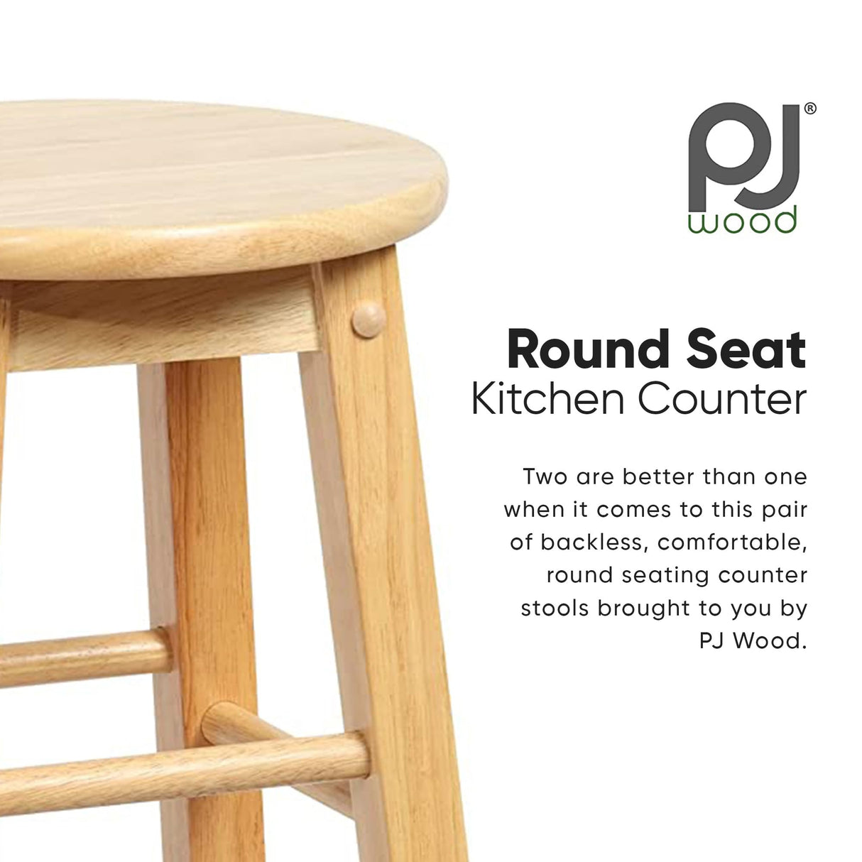 PJ Wood Classic 24 Inch Tall Round Kitchen Counter Stool Seats with Backless Design and 4 Square Legs, Natural Brown (2 Pack) PJ Wood