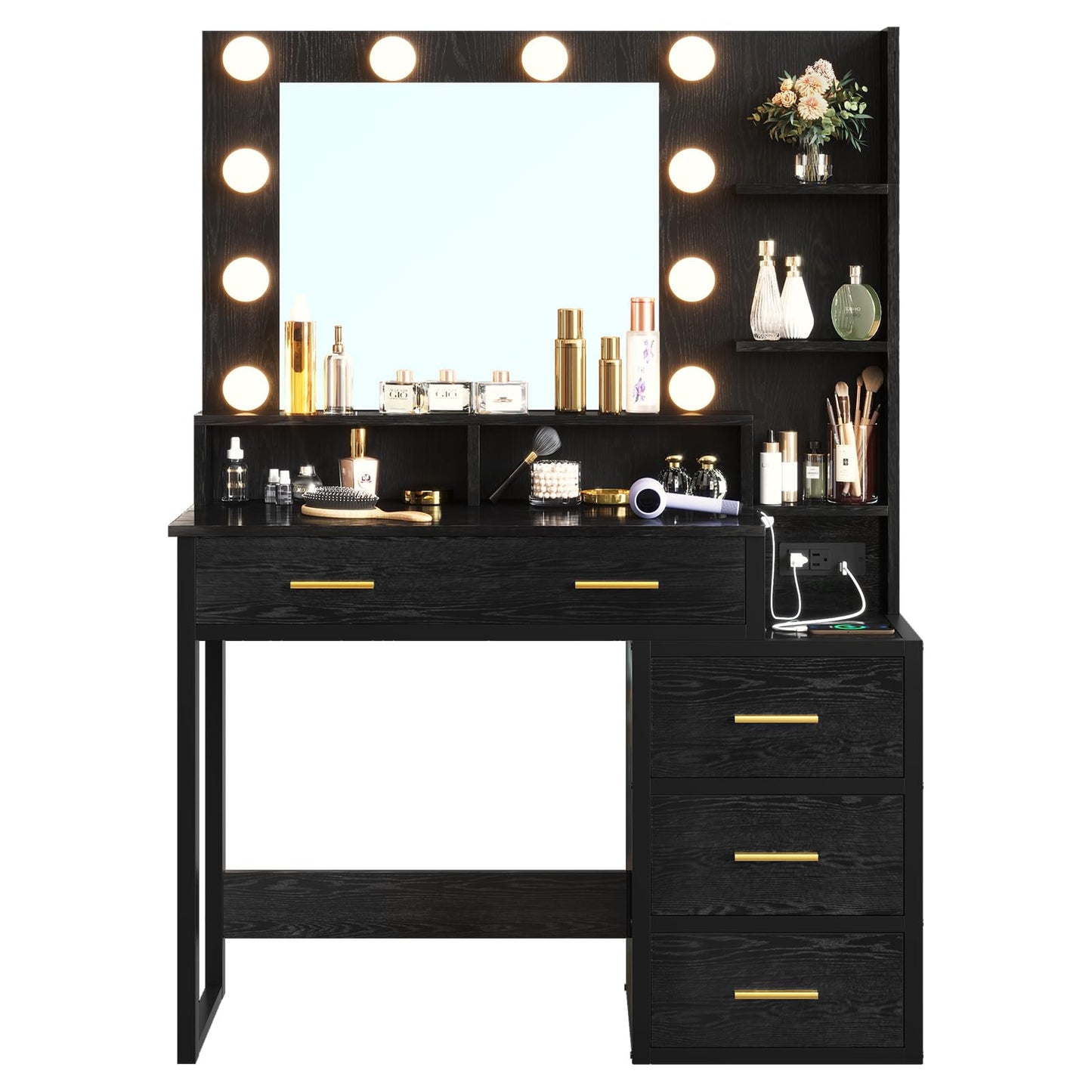 Tiptiper Makeup Vanity with Lights, Black Vanity Desk with Mirror & 3 Lighting Modes, Vanity Table with USB Ports and Outlets, Makeup Table with Nightstand & Storage Shelves & Drawers (Modern Black)