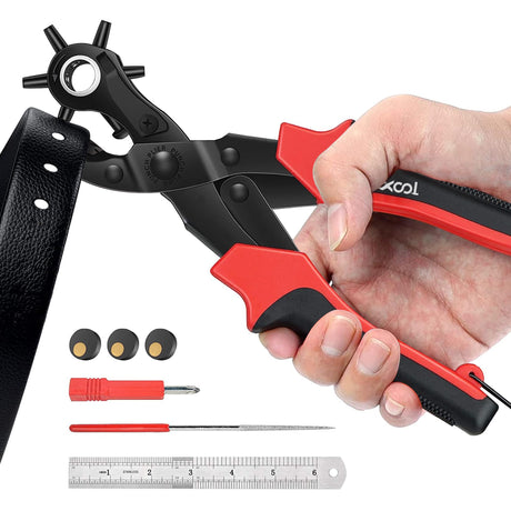 Revolving Punch Plier Kit, XOOL Leather Hole Punch Set for Belts, Watch Bands, Straps, Dog Collars, Saddles, Shoes, Fabric, DIY Home or Craft Projects, Heavy Duty Rotary Puncher, Multi Hole Sizes Make XOOL