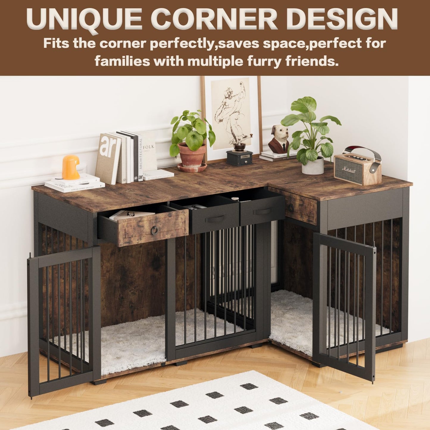 85.4" Dog Crate Furniture for 2 Dogs,Wooden Furniture Style Double Dog Kennel Crates Cages Large Breeds TV Stand Table with Storage and Divider Indoor,6 Combinations,Rustic Brown