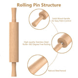 Mepple Classic Wooden Rolling Pin with Handle and Pastry Mat for Fondant, Pizza, Pies, Cookies, Rolling Pin for Baking with 3 Multi-Color Thickness Rings, 17" x 2.5" Natural Beechwood Rolling Pin Mepple