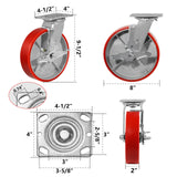 NINOSO 8"X 2" Heavy Duty Caster Wheels, Swivel Casters Set of 4 Polyurethane Wheel with Strong Load-Bearing Capacity 6000lbs, Industrial Casters for Toolbox Workbench (2 Brakes & 2 Rigid) Ninoso