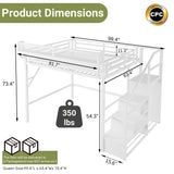Mirightone Queen Size Loft Bed with Stairs and Storage, Metal Loft Bed Frame with Bedside Shelf and Large Under-Bed Space, Heavy-Duty Loft Beds for Adults Teens and Kids, White Mirightone