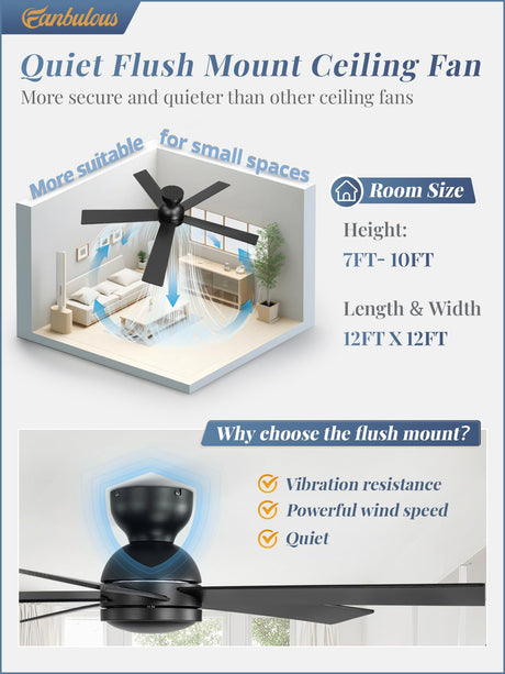 48 Inch Flush Mount Ceiling Fan no Light, Black Ceiling Fan with Remote, 6-Speeds, Quiet Reversible DC Motor, Indoor/Outdoor Ceiling Fans without Lights for Patio, Living Room, Bedroom Fanbulous