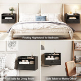 Black Floating Nightstand Set of 2 with Charging Station and Storage Drawer Wall Mounted Bedside End Table Wood Modern Night Stand for Bedroom Nightstands Set 2 Black HOSEOKA