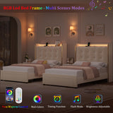 HITHOS 2 Set Upholstered Twin Led Bed Frame with Charging Station and Storage Drawer, Velvet Princess Platform Bed Frames with Crystal-Button Tufted Headboard for Girls, No Box Spring Need (Beige) HITHOS