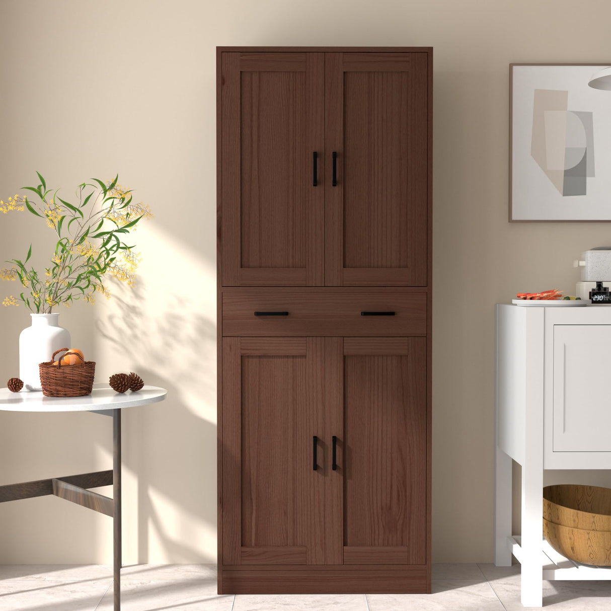 DIYART Brown Pantry Cabinet, 71" Tall Kitchen Pantry Storage Cabinet with Doors and Drawer, Freestanding Kitchen Hutch Cabinet for Kitchen, Dining Room, Hallway DIYART