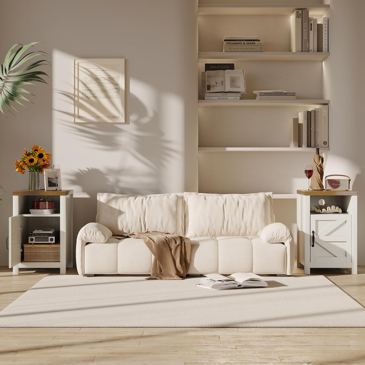 MXV Farmhouse Nightstands with Charging Station, End Tables Set of 2 with Barn Door, Sofa Side Table with Storage Space for Bedroom, Living Room (White) MXV