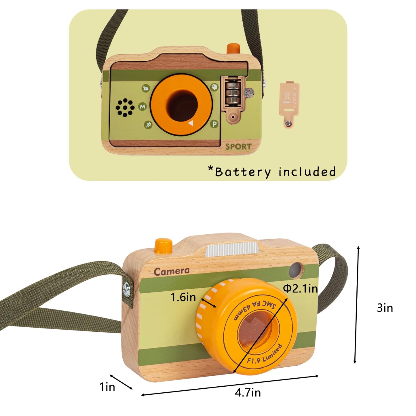 Wooden Mini Pretend Camera Toy with Real Sounds and Light for Toddlers 1 2 3 Years Old, Neck Hanging Photographed Props for Boys Girls Children Kids