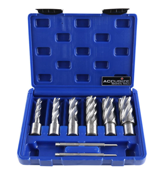 Accusize Industrial Tools Hss Annular Cutter Set, 2'' Cutting Depth, 7/16'' to 1-1/16'' Slugger Cutter, 8 Pcs/Set, HSS2-0000 - WoodArtSupply