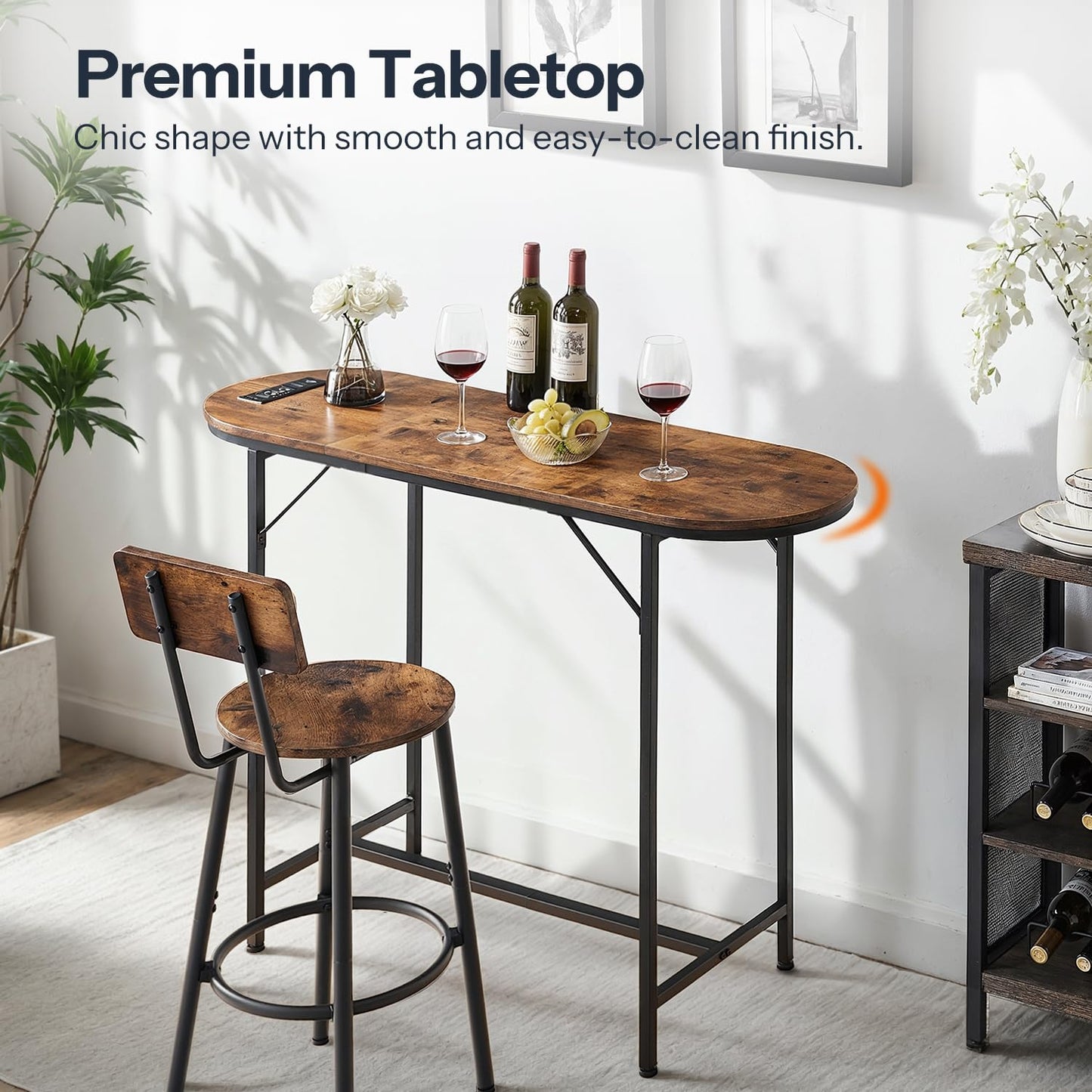 HOOBRO Rustic Brown Bar Table with Charging Station and USB Ports, 47.2" Counter Height Pub Table