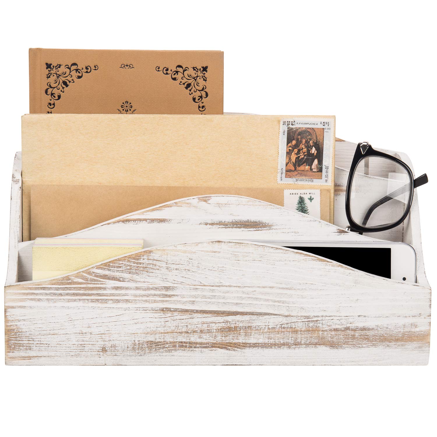 MyGift 3 Slot Shabby White Washed Solid Wood Home Countertop Mail Letter Holder, Wooden Office Desk Organizer, File Sorter, Bill Divider, Envelope Storage Bin - WoodArtSupply