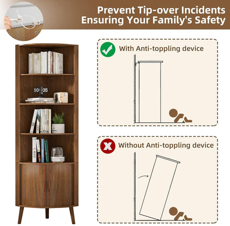 Limaoaio 5-Tier Corner Shelf, 66.73''Tall Modern Corner Bookshelf, 5 Shelf Bookcase with 2 Fluted Doors, Freestanding Wood Corner Display Storage Shelf Organizer for Living Room, Office (Walnut) Limaoaio