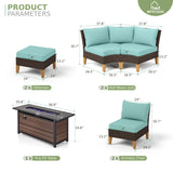 MFSTUDIO 9 Pieces Wicker Patio Furniture Set with 56" Fire Pit Table, Rattan Half-Moon Patio Conversation Set Outdoor Sectional Sofa Set, 4 x Curved Sofa, 2 x Armless Sofa, 2 x Ottoman(Aqua Blue) MFSTUDIO