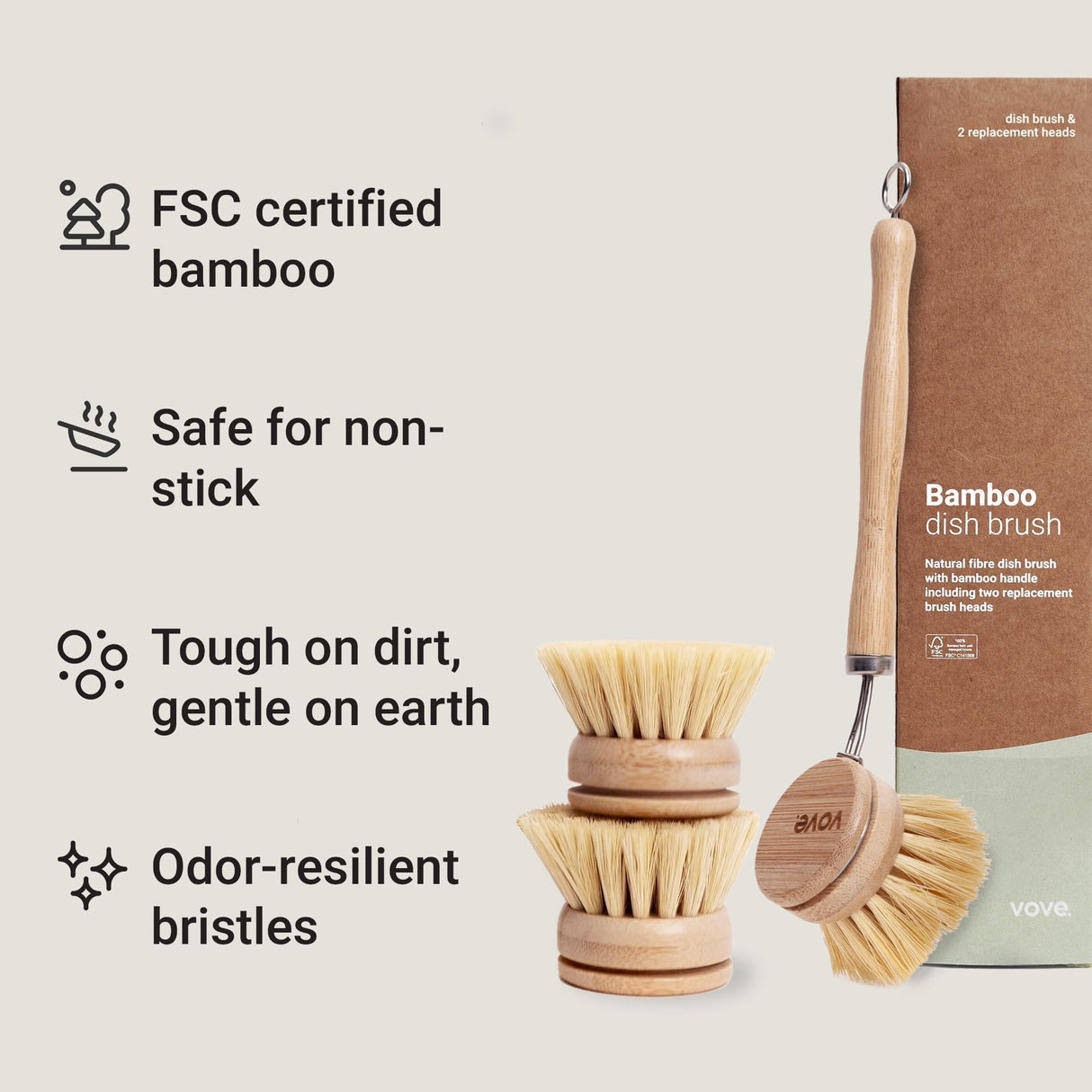 Vove | Bamboo Dish Brush | Long Lasting Brush with 3 Replacement Heads | Natural Bristle | Eco-Friendly | Wooden Dish Brush for Washing and Cleaning Pot Pan Dish Bowl | Vove