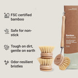 Vove | Bamboo Dish Brush | Long Lasting Brush with 3 Replacement Heads | Natural Bristle | Eco-Friendly | Wooden Dish Brush for Washing and Cleaning Pot Pan Dish Bowl | Vove