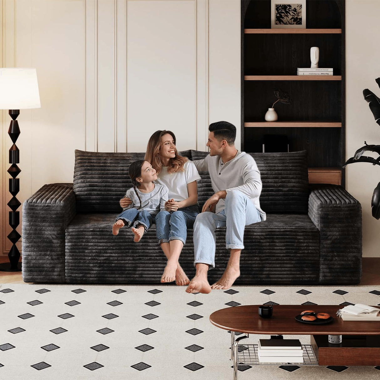 63" Cloud Loveseat Sofa, Modern Corduroy Boneless Couch with Deep Seat Memory Foam, Comfy 2 Seater Foam Floor Couches for Living Room Bedroom Apartment, No Assembly Required (Black, 63"+2 Seaters) YskdhfczQ