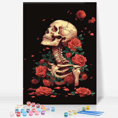 Framed Paint by Numbers Kit for Adults Beginner, Skull and Rose Easy Paint by Number Kits on Canvas Framed, Helloween DIY Acrylic Oil Painting by Numbers with Frame for Gift Home Decor 8 x 12 inch