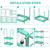 PNVXNUS 3-Tier Rolling Metal Storage Cart with Wheels, Multi-Functional Organizer for Office, Kitchen, Bathroom, Books Diapers - Easy Assembly (Blue) PNVXNUS