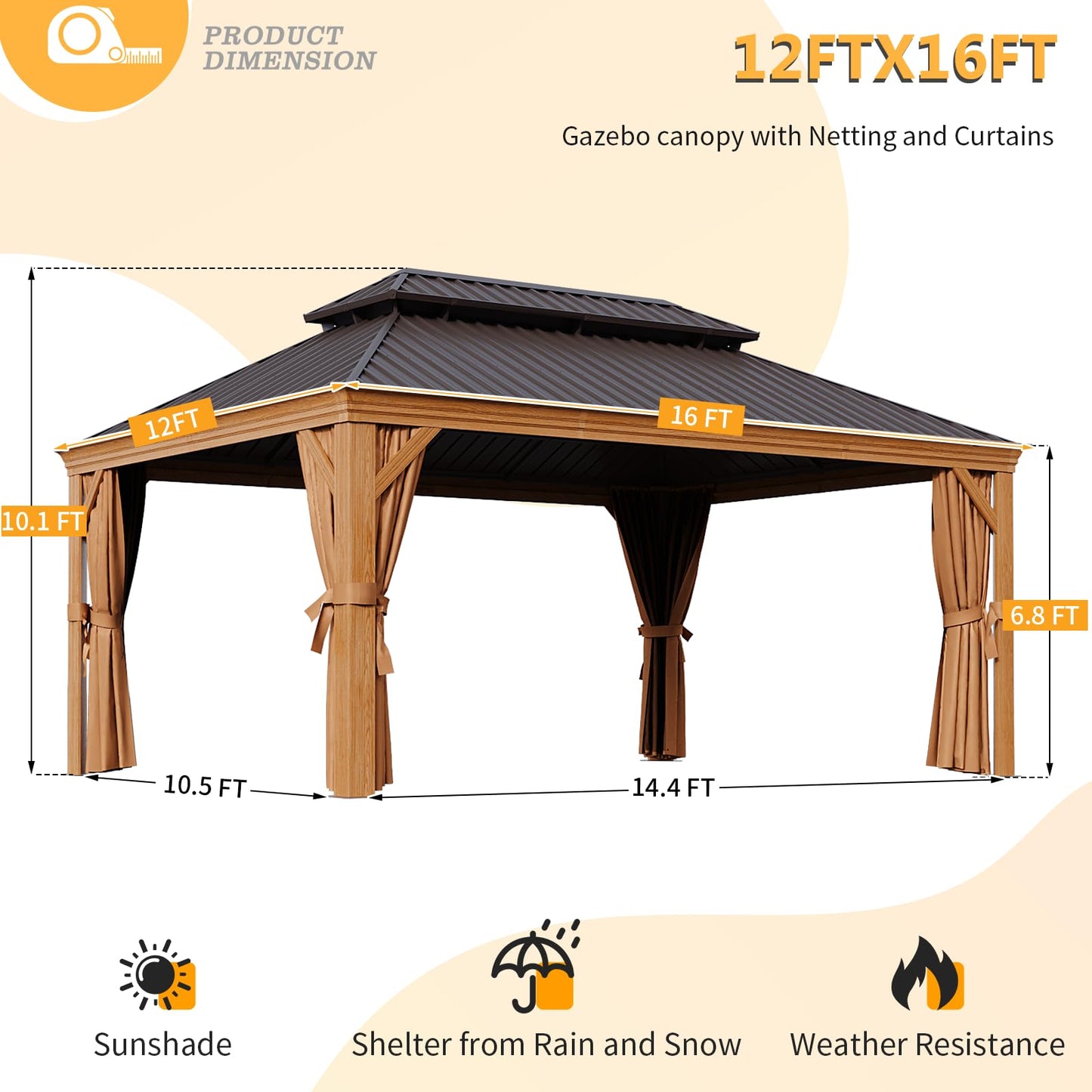 Jolydale 12' x 16' Gazebo, Wooden Finish Coated Aluminum Frame Canopy, Galvanized Steel Double Top, Outdoor Permanent Metal Pavilion with Privacy Curtains and Netting, for Patio, Deck and Bac - WoodArtSupply