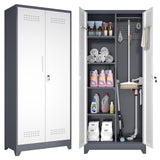 GREATMEET 72.8" H Metal Garage Storage Cabinets, Lockable Broom Closet Storage Cabinet with Doors and Shelves, Utility Cabinets for Storage Locker, Grey-White GREATMEET