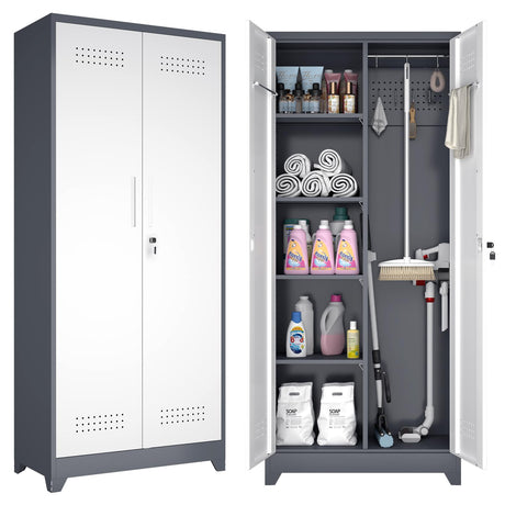 GREATMEET 72.8" H Metal Garage Storage Cabinets, Lockable Broom Closet Storage Cabinet with Doors and Shelves, Utility Cabinets for Storage Locker, Grey-White GREATMEET