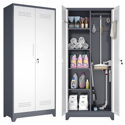 GREATMEET 72.8" H Metal Garage Storage Cabinets, Lockable Broom Closet Storage Cabinet with Doors and Shelves, Utility Cabinets for Storage Locker, Grey-White