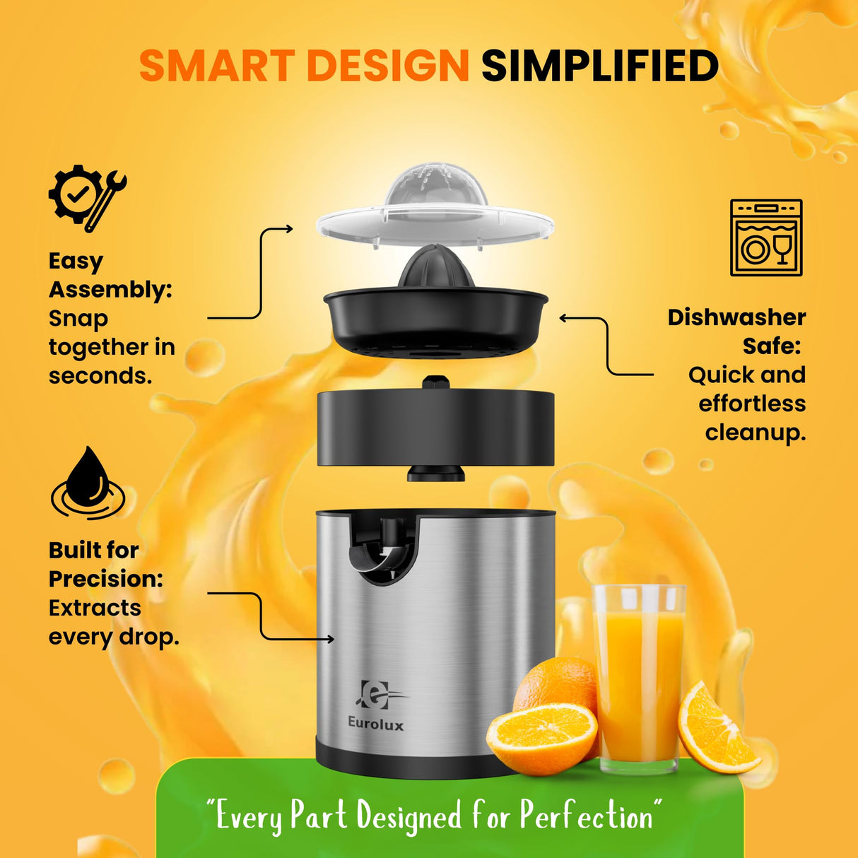 Eurolux Electric Orange Juicer, Sleek Effortless Citrus Juice Squeezer for Lemon, Lime, Grapefruit | Powerful Motor, Easy to Clean, Removable Dishwasher-Safe Parts Eurolux