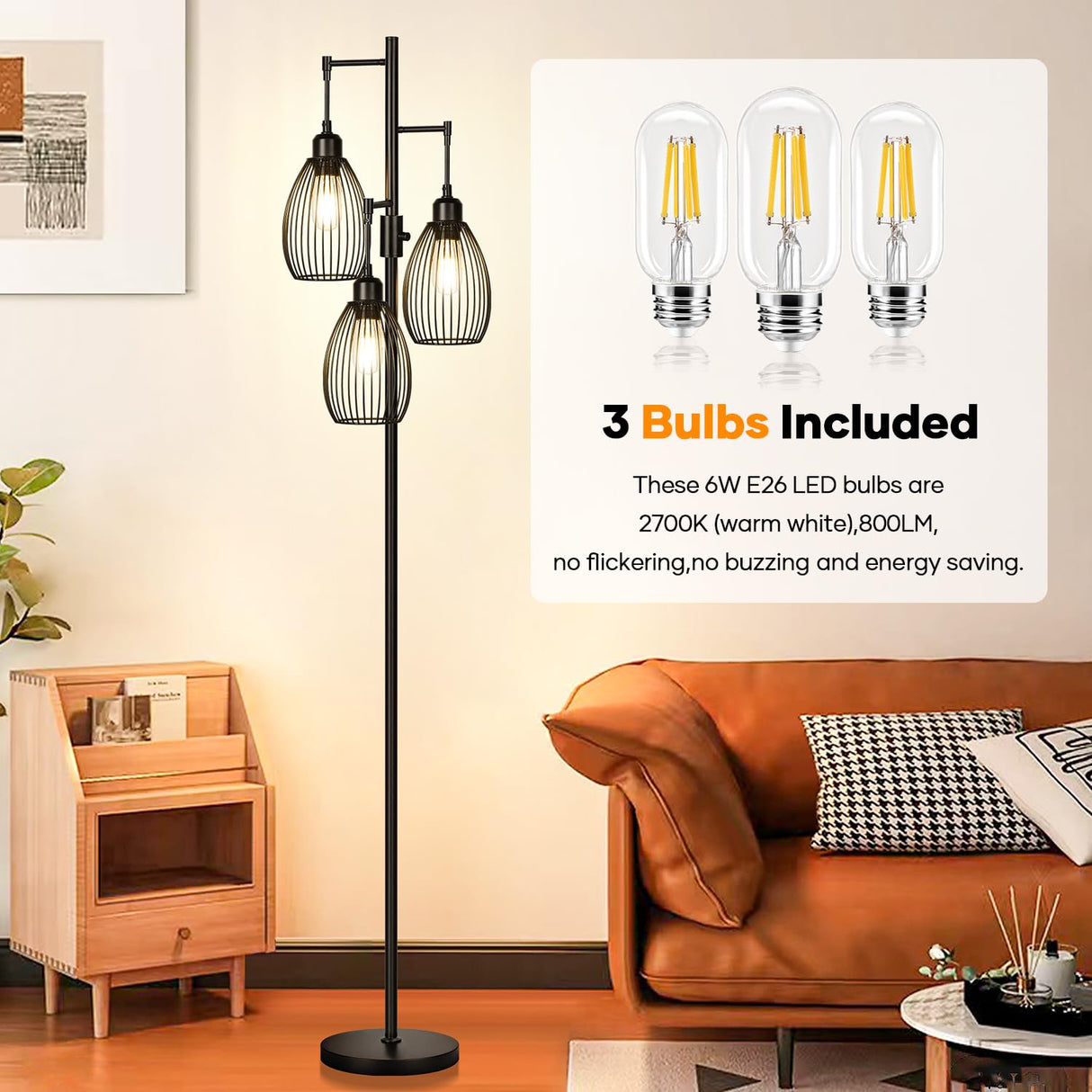 Dimmable Floor Lamp, 3 x 800LM LED Edison Bulbs Included, Farmhouse Industrial Floor Lamp Standing Tree Lamp with Elegant Teardrop Cage Tall Lamps for Living Room Bedroom Office Dining Room-Black Nintiue