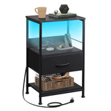 WLIVE Night Stand with Charging Station, LED Nightstand with Adjustable Fabric Drawer, 3-Tier Storage Bedside Table, Small End Side Tables for Bedroom, Black WLIVE