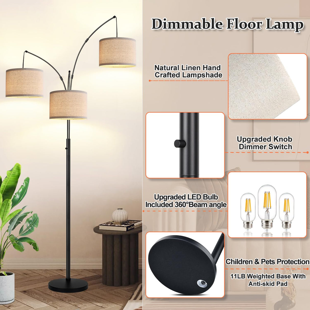 Dimmable Floor Lamp - 3 Lights Arc Floor Lamps for Living Room, 1000LM Modern Tall Standing Lamp With Beige Shades & Heavy Base, Mid Century Tree Floor Lamp for Bedroom Office, 3 LED Bulbs Included Nintiue