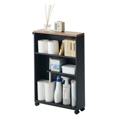 YAMAZAKI Home Slim Rolling Storage Cart – Narrow Bathroom Storage Cabinet with Handle, Slim Bathroom Storage Cart with Wheels, Easy Assembly, Steel + Wood, Black YAMAZAKI